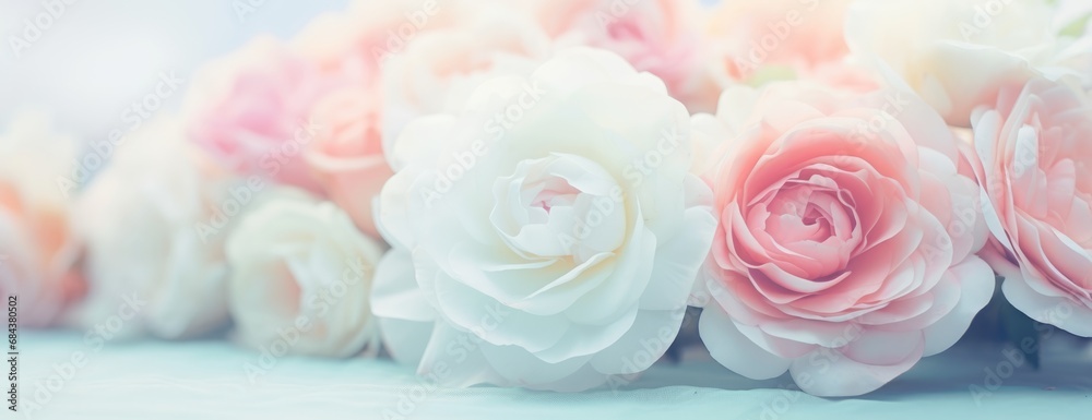 Flowers roses soft pastel color background. Beautiful composition. Valentine's Day, Easter, Birthday, Happy Women's Day, Mother's Day. Holiday poster and banner Flowers roses soft pastel color background. Beautiful composition. Valentine's Day, Easter, Birthday, Happy Women's Day, Mother's Day. Holiday poster and banner