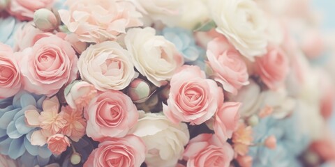 Flowers roses soft pastel color background. Beautiful composition. Valentine's Day, Easter, Birthday, Happy Women's Day, Mother's Day. Holiday poster and banner