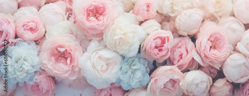 Flowers roses soft pastel color background. Beautiful composition. Valentine's Day, Easter, Birthday, Happy Women's Day, Mother's Day. Holiday poster and banner