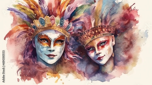 Carnival venetian mask from a splash of watercolor, colored drawing, realistic. © Juan