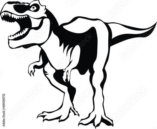 Cartoon Black and White Isolated Illustration Vector Of A Tyrannosaurus Dinosaur Roaring