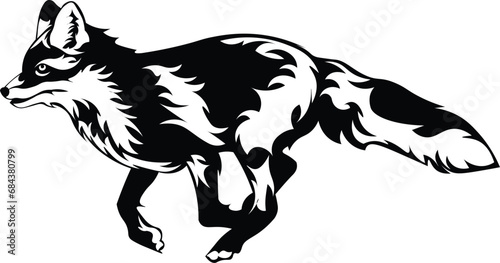 Cartoon Black and White Isolated Illustration Vector Of A Fox Running and Hunting
