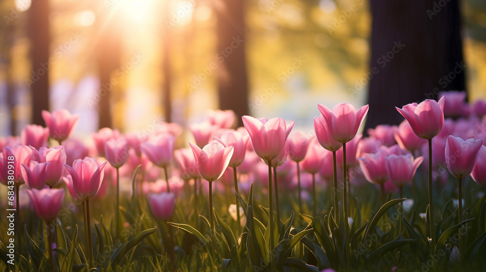 Bright pink tulips are in the park in spring sunny day Bright pink tulips are in the park in spring sunny day