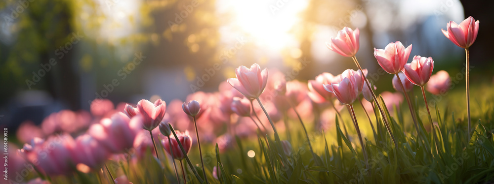 Obraz na płótnie Bright pink tulips are in the park in spring sunny day w salonie