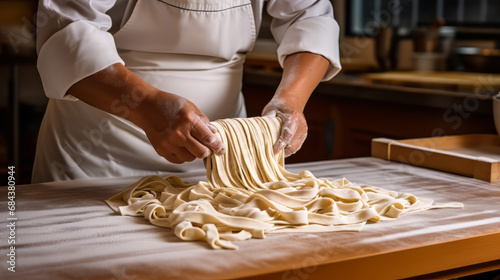 The Person preparing fresh noodle dough, hands zoomed in, AI generated 