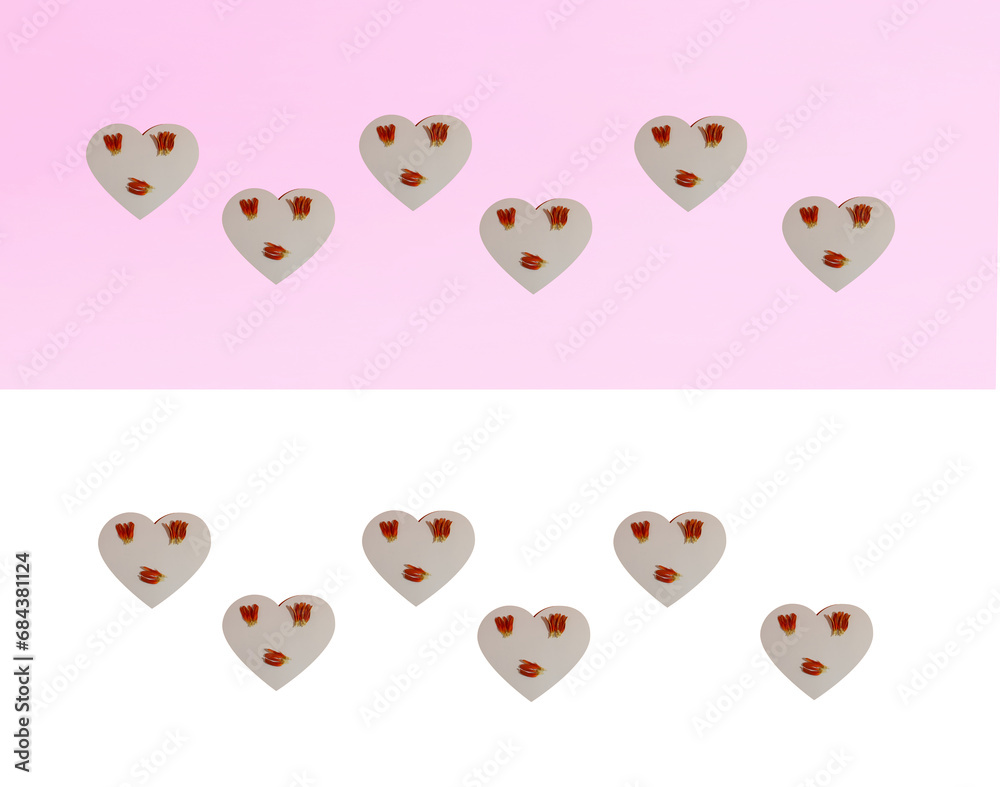 A repetitive pattern made of white hearts with orange petals against pink and white background. Minimal concept of love and friendship. Flat lay. Valentine’s pattern.