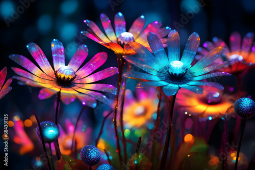 Glowing magical flowers at night in a fantasy setting