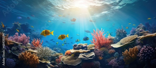 Exploring the beauty of marine life, including fish, corals, and dolphins, in the underwater world of coral reefs.