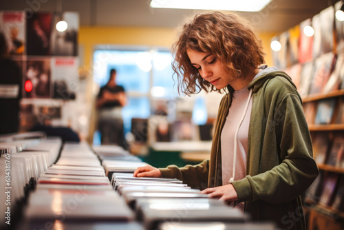 Young woman browsing records in a music store with warm ambient lighting photo