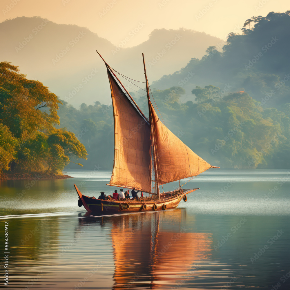  Sailing boat carrying goods across a serene lake