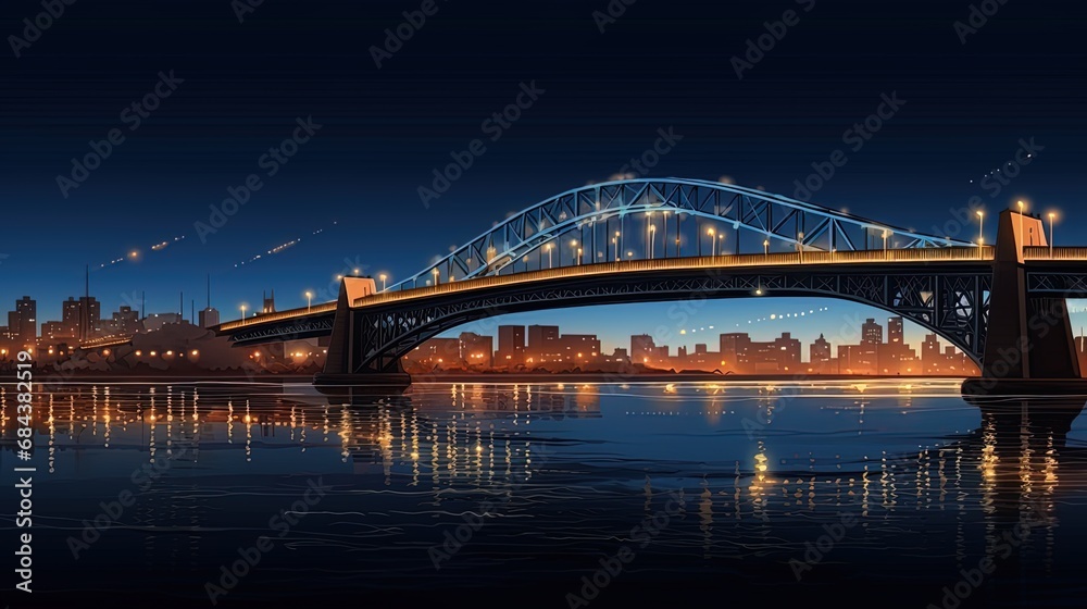 Bridge over the river: view of a bridge sparkling with lights in a night city