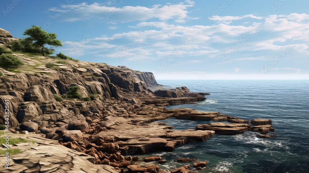 Coastal cliffs: a rocky shore with a view of the ocean and a horizon