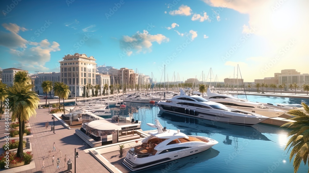 City port: sea view, a port area with yachts and modern architecture