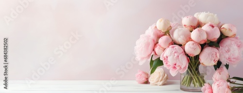 Flowers bouquet of peonies soft pastel color background. Beautiful composition. Valentine's Day, Easter, Birthday, Happy Women's Day, Mother's Day. Holiday poster and banner