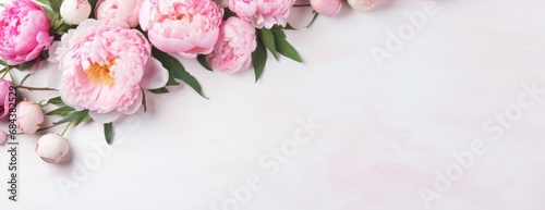 Flowers bouquet of peonies soft pastel color background. Beautiful composition. Valentine's Day, Easter, Birthday, Happy Women's Day, Mother's Day. Holiday poster and banner