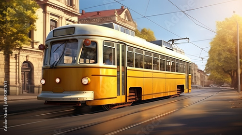 City tram: an old or modern tram moving along the streets of the city