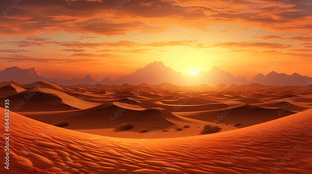 Sunset in the desert: sand dunes and fiery sunset in the desert