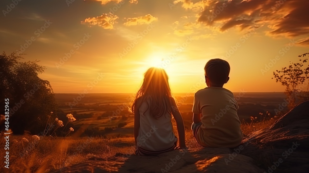 The portrait of 10 years children look at the sunset with surprise