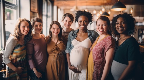 Portrait of smiling pregnant woman with her friends in a coffee shop © Isabel