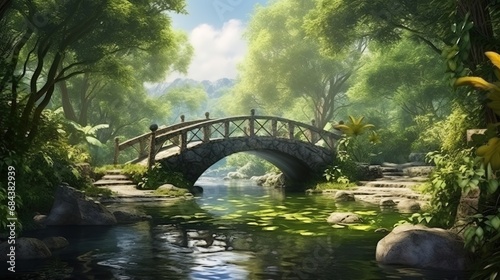 The bridge over the mountain river in the thickets of tropical forest