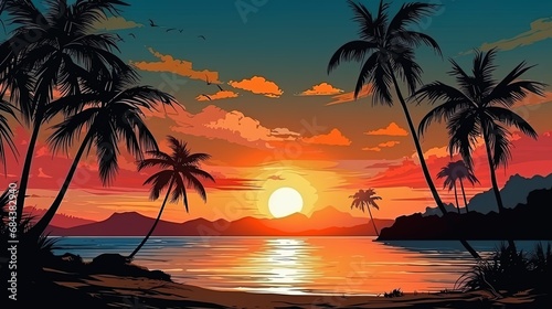 Sunset on a secluded beach, silhouettes of palm trees in front of the sun