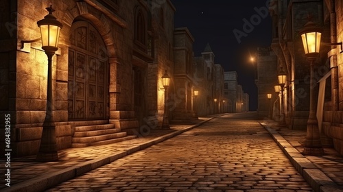 The old street of the old city, lined with paving stones, with a lantern