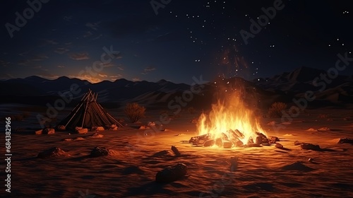 Traditional bonfires in the night in the desert