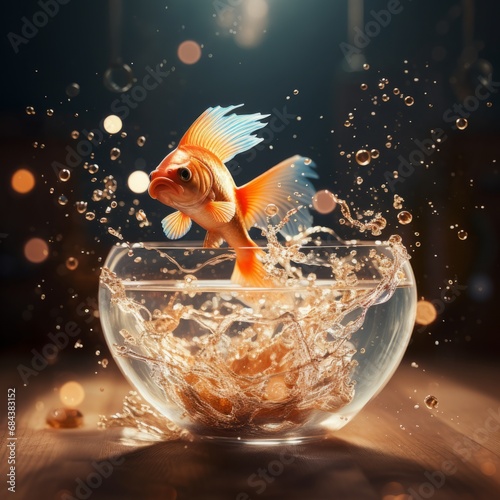 Generative AI image of goldfish swimming out of a fish bowl photo