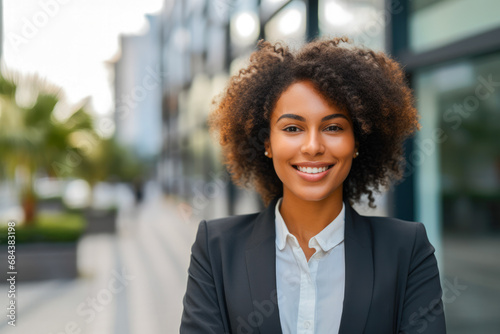 Proud black businesswoman smiling, with office building in the background