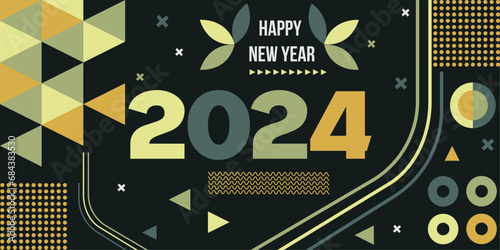 Greeting card banner geometry happy new year 2024 text design with modern calligraphy and dark background photo