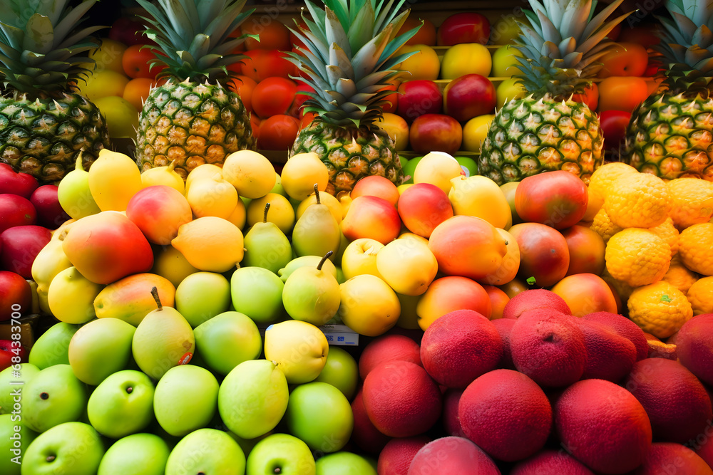 Supermarket vegetables showcase with different fruits and vegetables. Neural network AI generated art Supermarket vegetables showcase with different fruits and vegetables. Neural network AI generated art