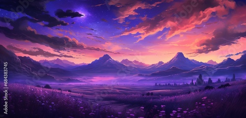 A surreal landscape of neon violet lavender fields under a starry sky, radiating a peaceful and romantic vibe.