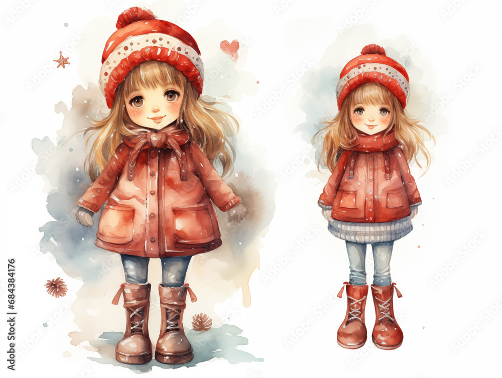 Watercolor illustration of doll on white