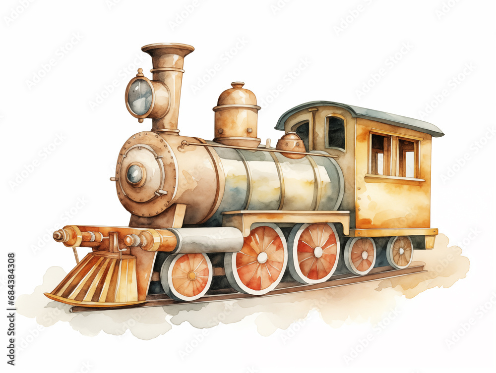 Watercolor illustration of cute train toy in beige colors on white Watercolor illustration of cute train toy in beige colors on white