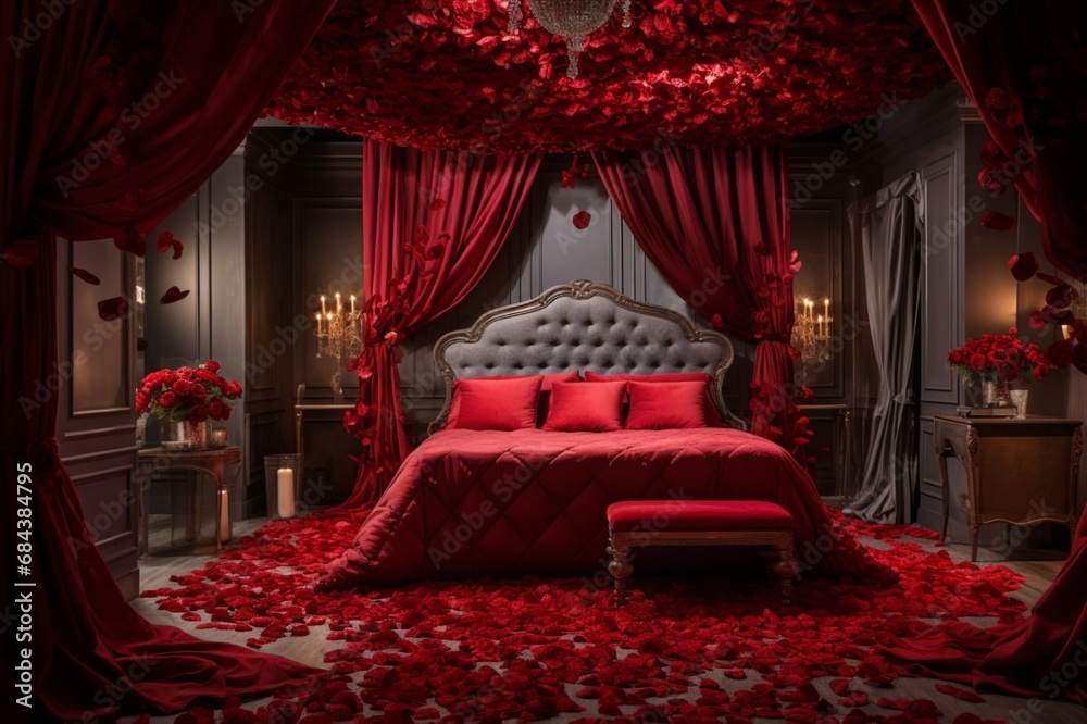 A luxurious Valentine's bedroom with a lavish bed, heart-shaped red rose petal designs, and exquisite pestles.