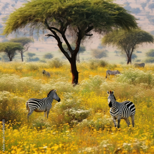  Zebra savanna with acacia trees and African daisies.  