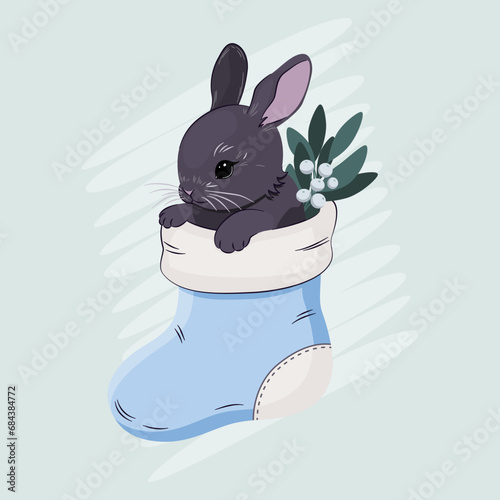 Mały królik w błękitnej świątecznej skarpecie. Ilustracja wektorowa z motywem Bożego Narodzenia.