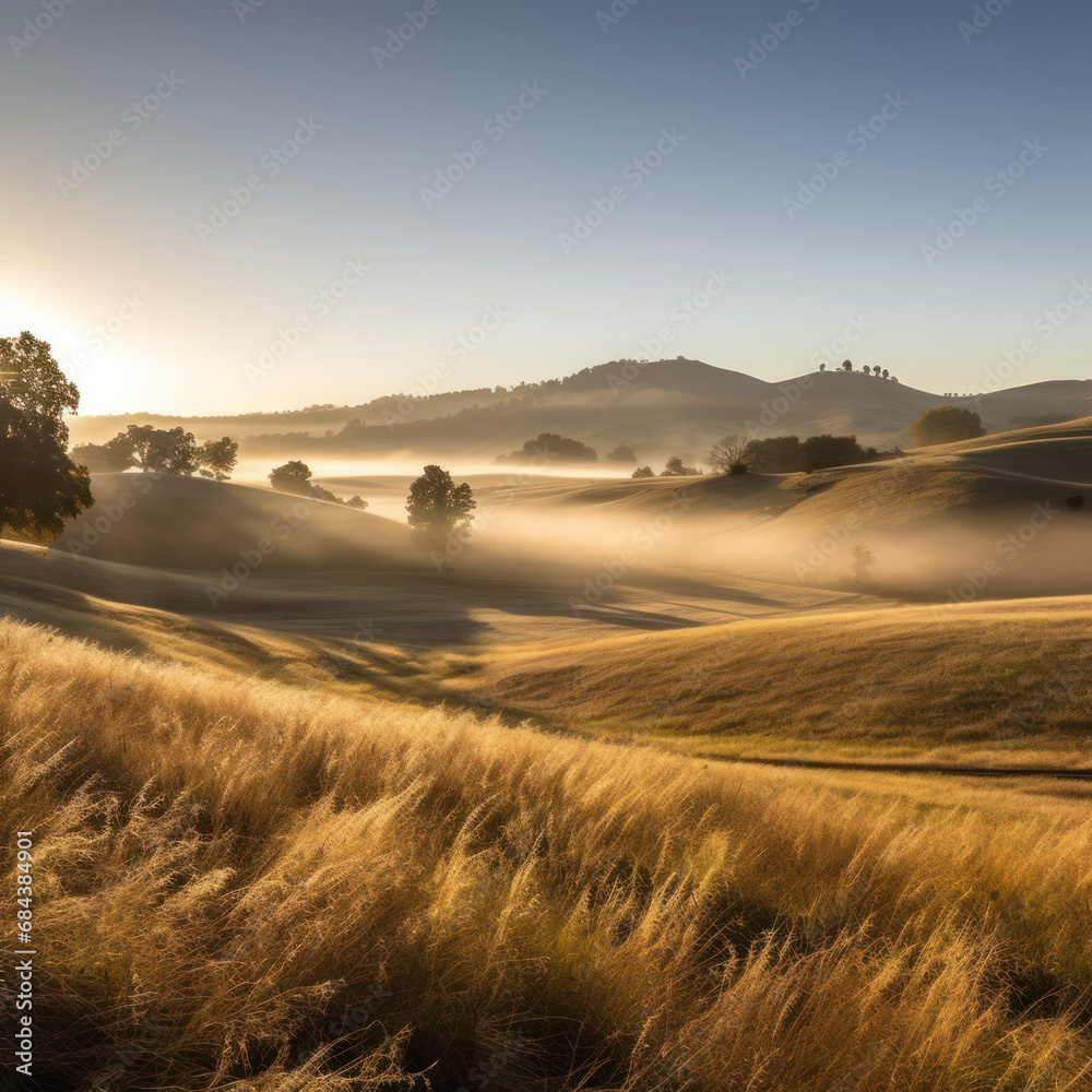  A panoramic view of rolling hills at sunrise 
