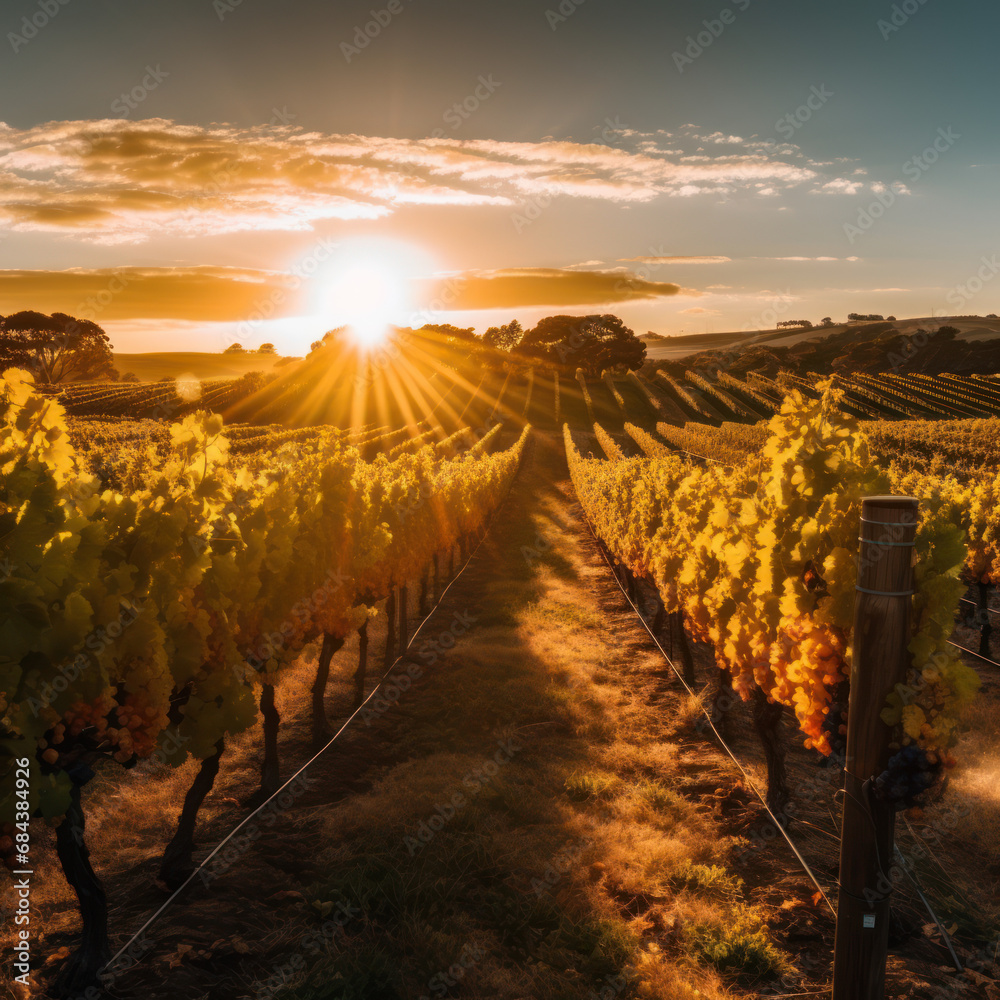  A picturesque vineyard at golden hour with the sun 
