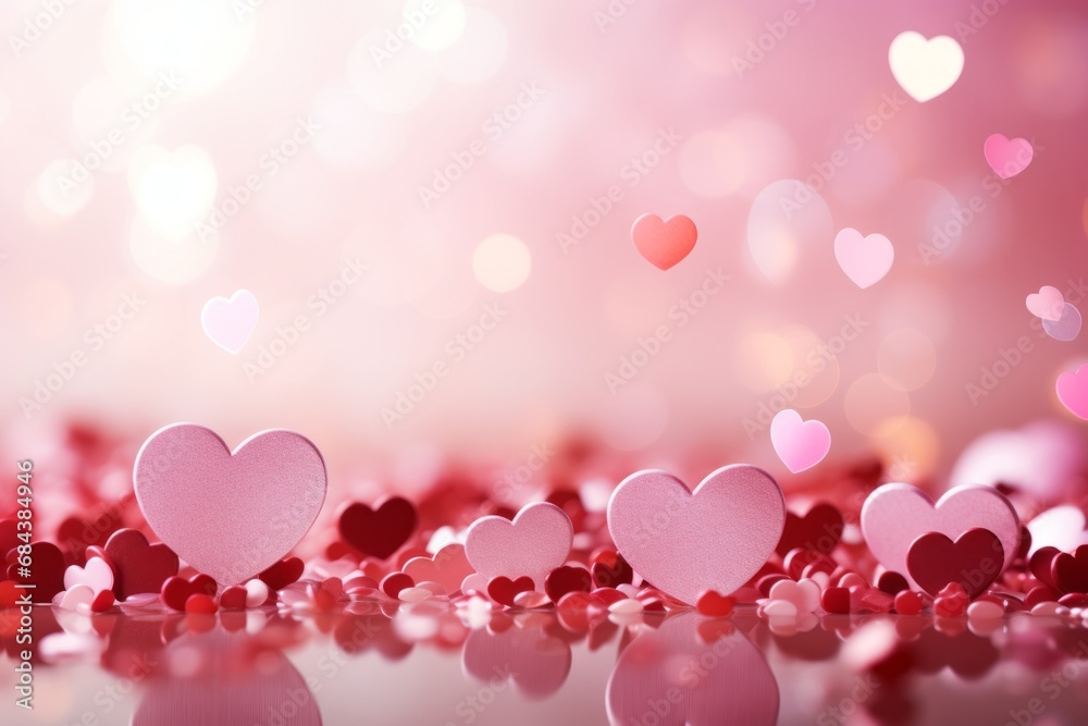 A playful and vibrant image of heart-shaped confetti scattered across a soft pink background. The hearts are in various shades of red and pink, creating a cheerful and festive Valentine's Day mood.