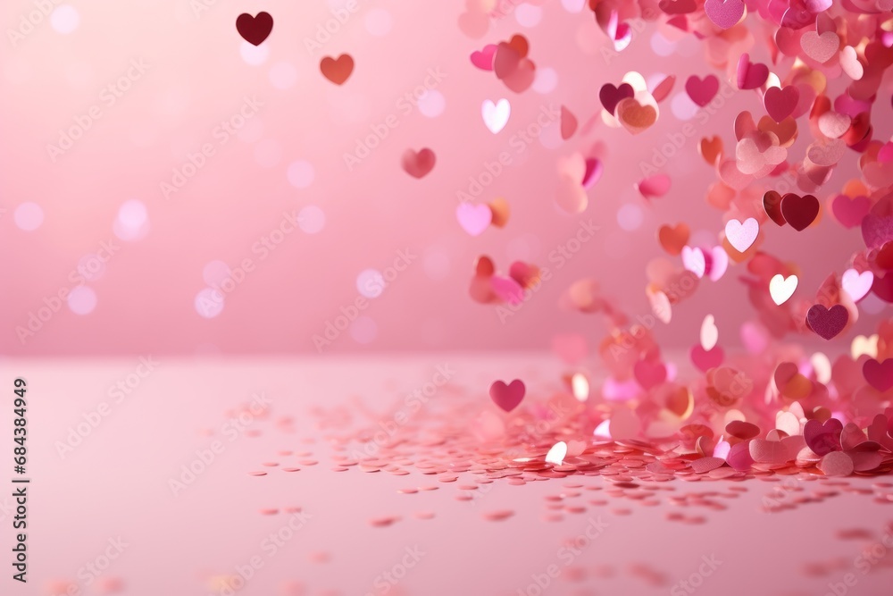 A playful and vibrant image of heart-shaped confetti scattered across a soft pink background. The hearts are in various shades of red and pink, creating a cheerful and festive Valentine's Day mood.