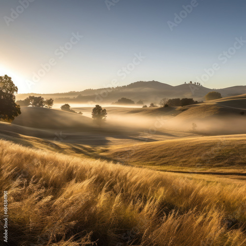  A panoramic view of rolling hills at sunrise 
