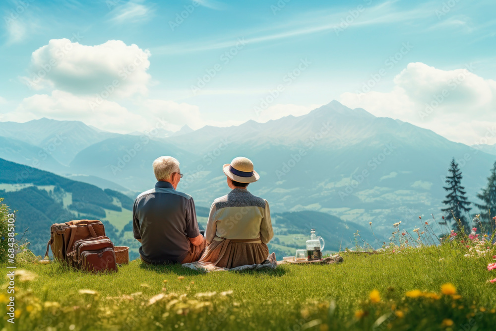 Senior couple sitting on cover in austrian alps with beautiful view. Senior couple sitting above the mountain. Generative AI concept