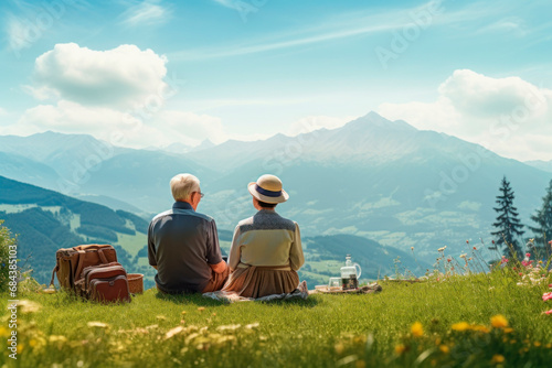 Senior couple sitting on cover in austrian alps with beautiful view. Senior couple sitting above the mountain. Generative AI concept