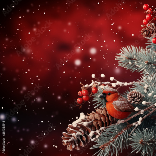 Christmas and New Year background with fir tree branches and cones, bullfinch on red background with snowflakes. Christmas greeting card. Created using generative ai tools.