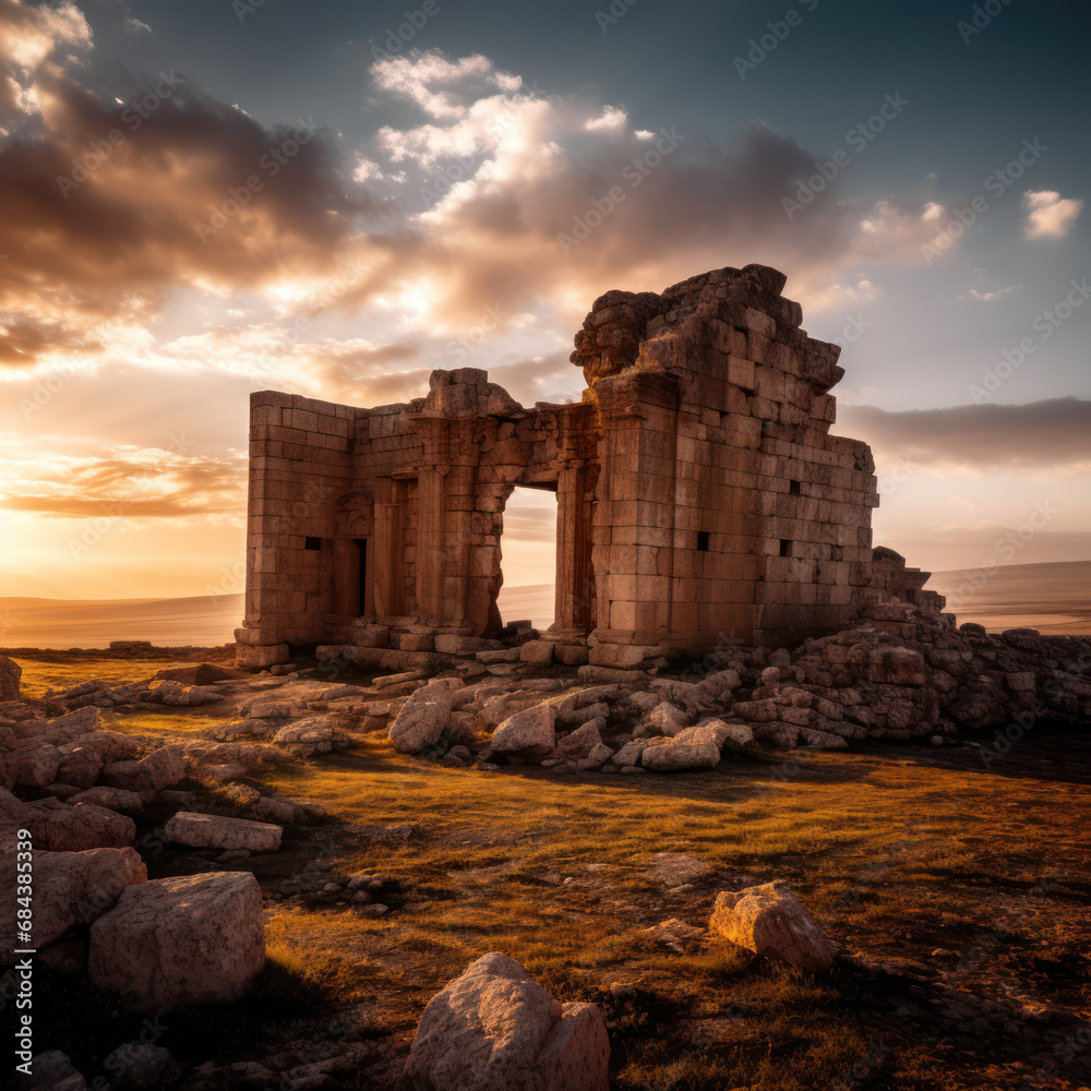 Sunset Ruins: Ancient Structure Bathed in Evening Light