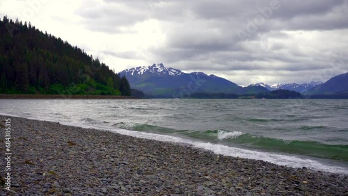 Icy Strait Point, Hoonah, Alaska. Rocky shore of Chichagof Island and bay.  photo