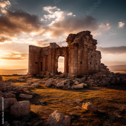 Sunset Ruins: Ancient Structure Bathed in Evening Light