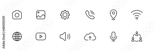 Information technology icon. Web icons set , camera, album, upload, settings, microphone, speaker, location, globe, call, telephone, website, icon . communication contact icon. editable stroke