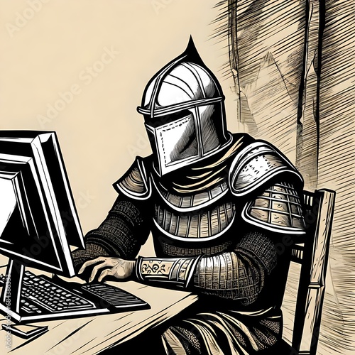 an illustration of a middle ages knight with helmet sitting at a computer typing
